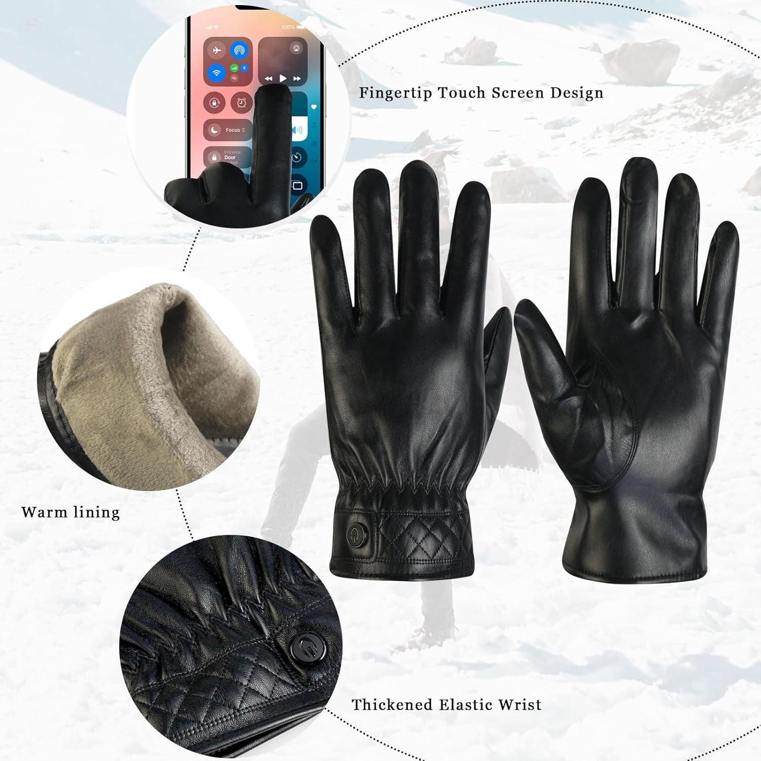 Vegan PU Leather Warm Touchscreen Gloves
