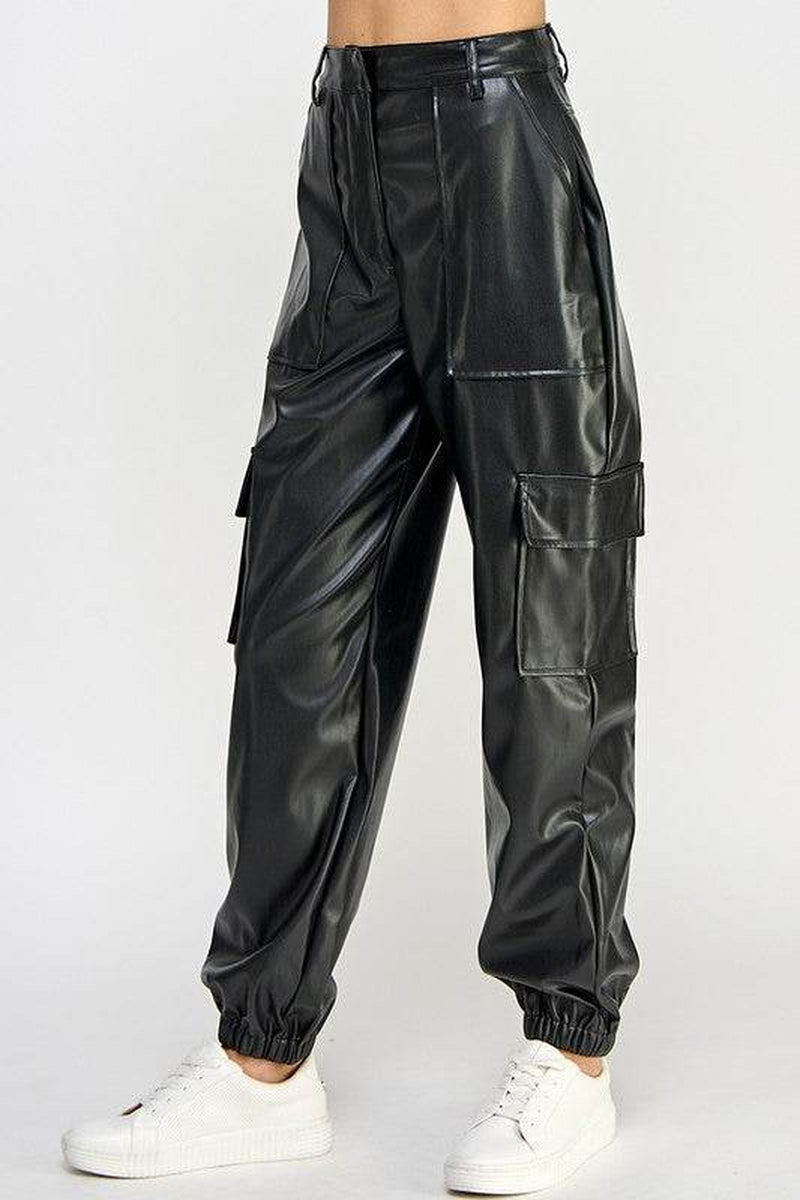 Vegan Leather Cargo Pants with Relaxed Fit