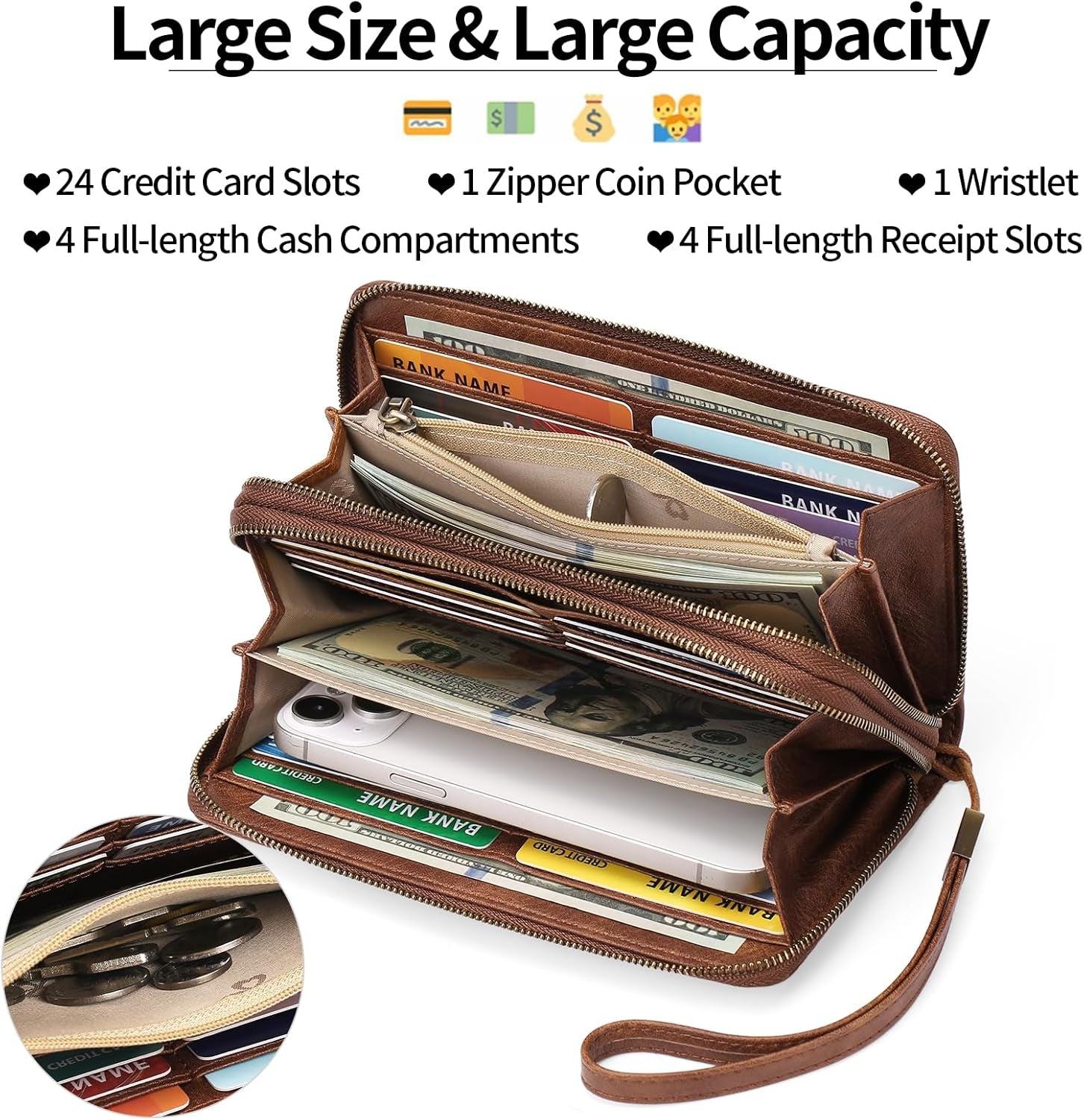 GAEKEAO Geldbörse Damen Groß, Portemonnaie Veganes Leder Doppel Reißverschluss Kreditkartenetui, RFID Schutz Clutch Geldbeutel Groß, Mit Viel Kartenfächern Wallet, Portmonee Für Frauen