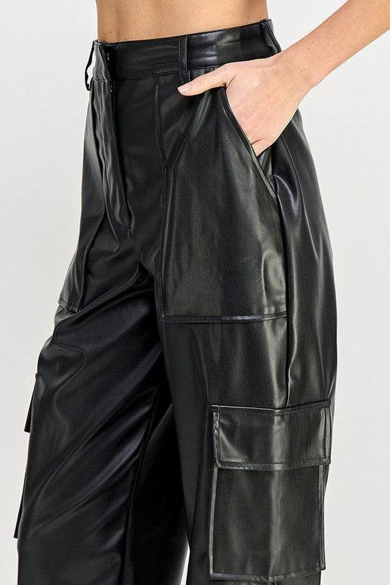 Vegan Leather Cargo Pants with Relaxed Fit