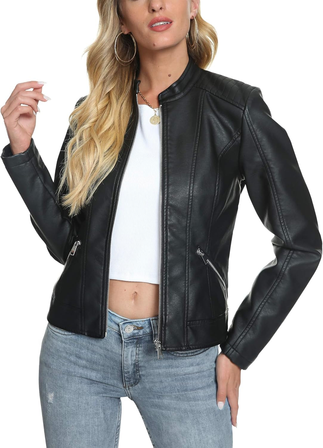 Vegan Faux Leather Biker Jacket Damen Fahsyee