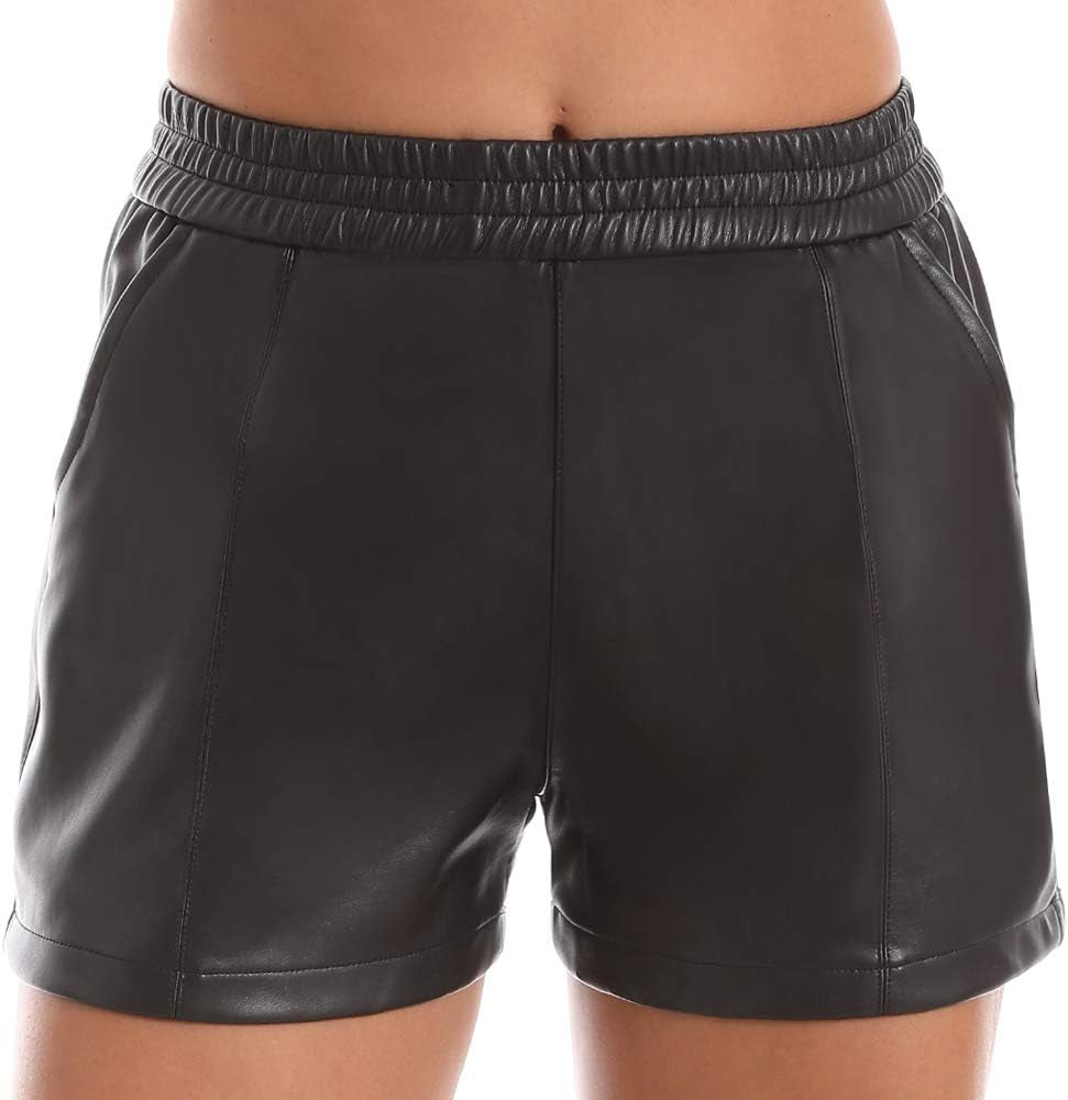 Damen Elastic Waist Lose Shorts Kunstledershorts Mit Taschen