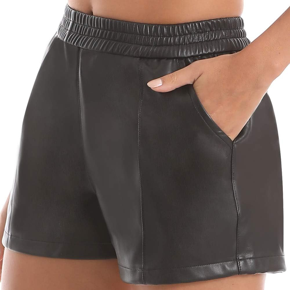 Damen Elastic Waist Lose Shorts Kunstledershorts Mit Taschen