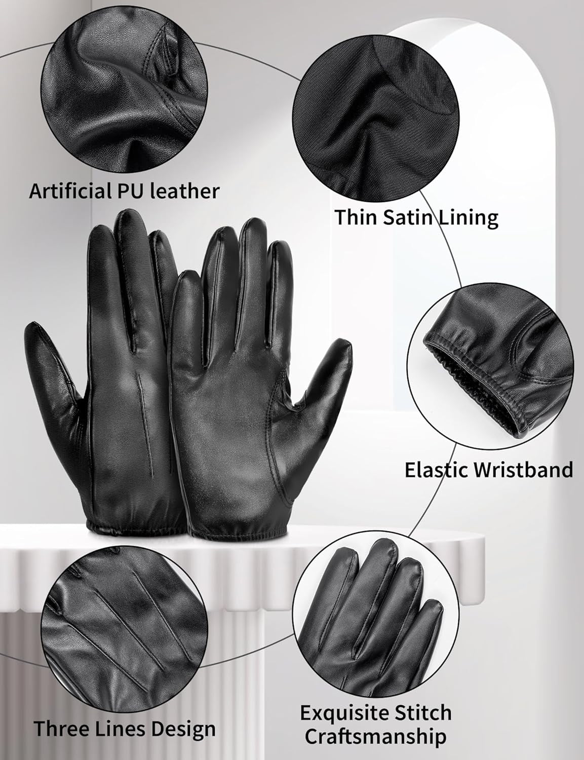 Vegan Thin PU Leather Gloves Men