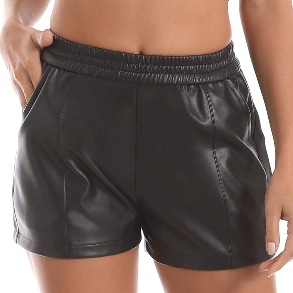 Damen Elastic Waist Lose Shorts Kunstledershorts Mit Taschen