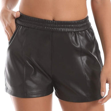 Damen Elastic Waist Lose Shorts Kunstledershorts Mit Taschen