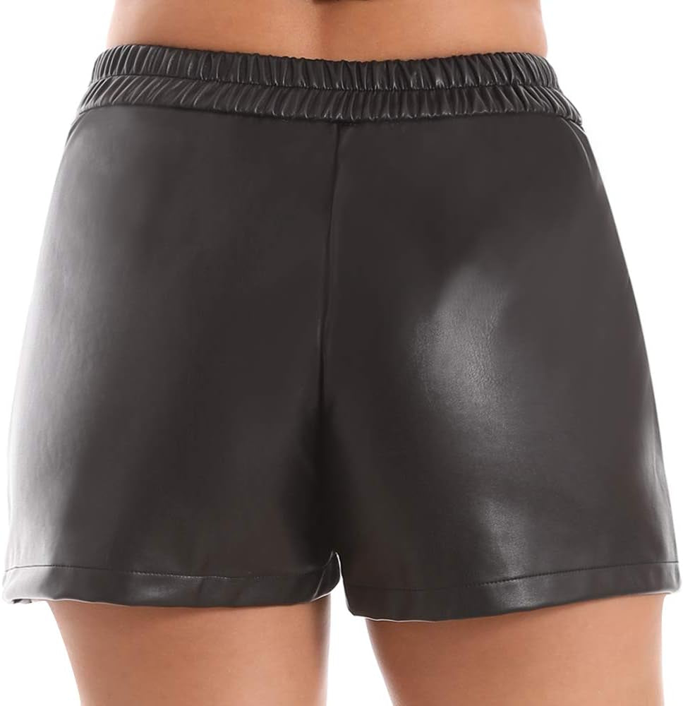 Damen Elastic Waist Lose Shorts Kunstledershorts Mit Taschen