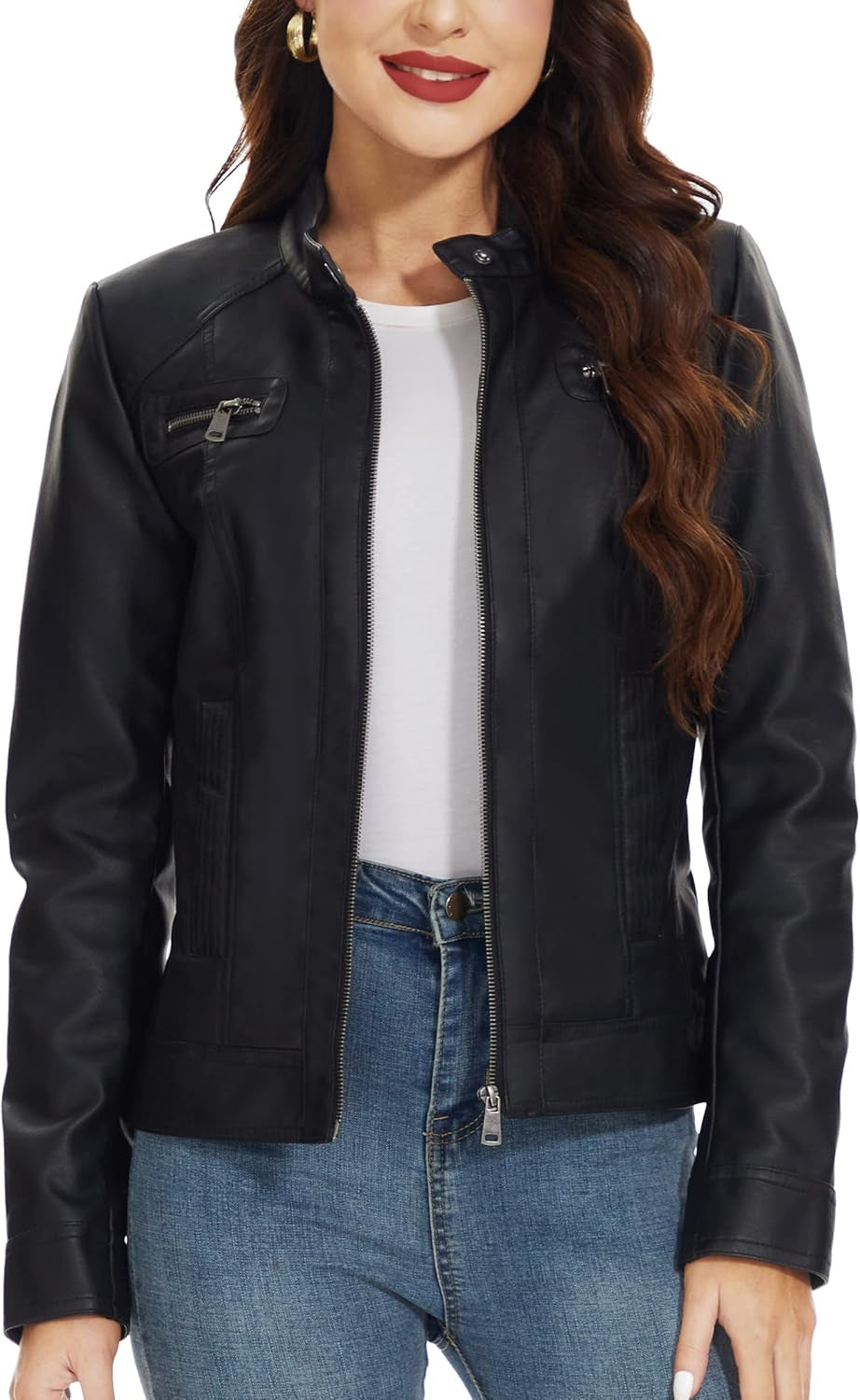 Vegan Faux Leather Biker Jacket Damen Fahsyee