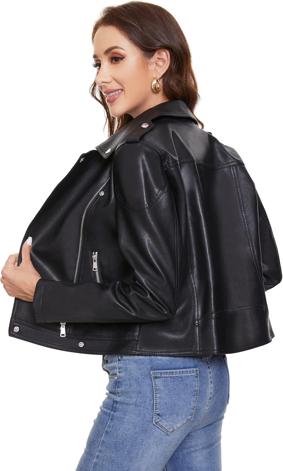 Vegan Faux Leather Biker Jacket Damen Fahsyee