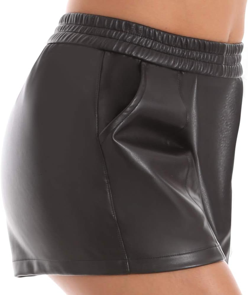 Damen Elastic Waist Lose Shorts Kunstledershorts Mit Taschen
