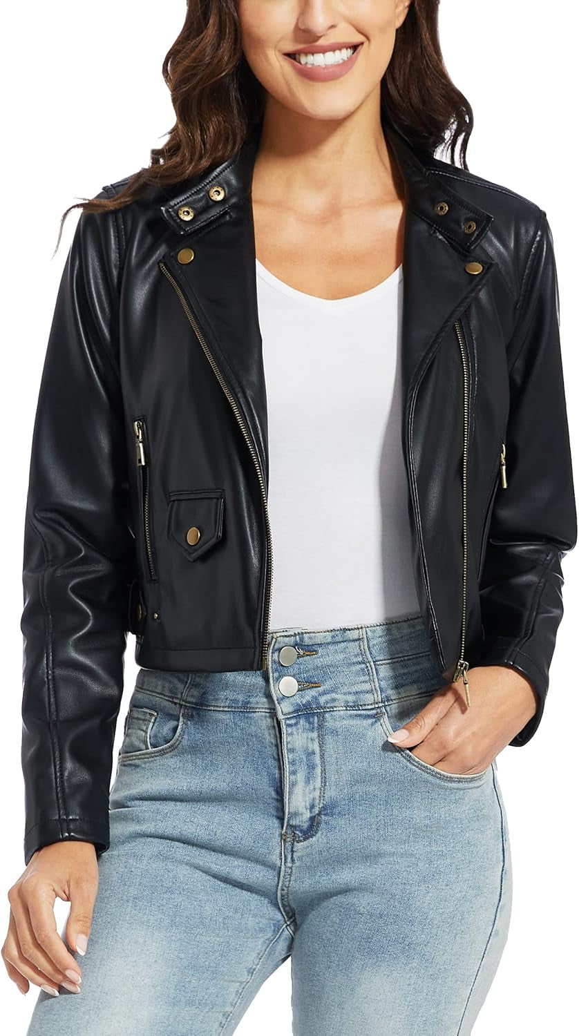 Vegan Faux Leather Biker Jacket Damen Fahsyee