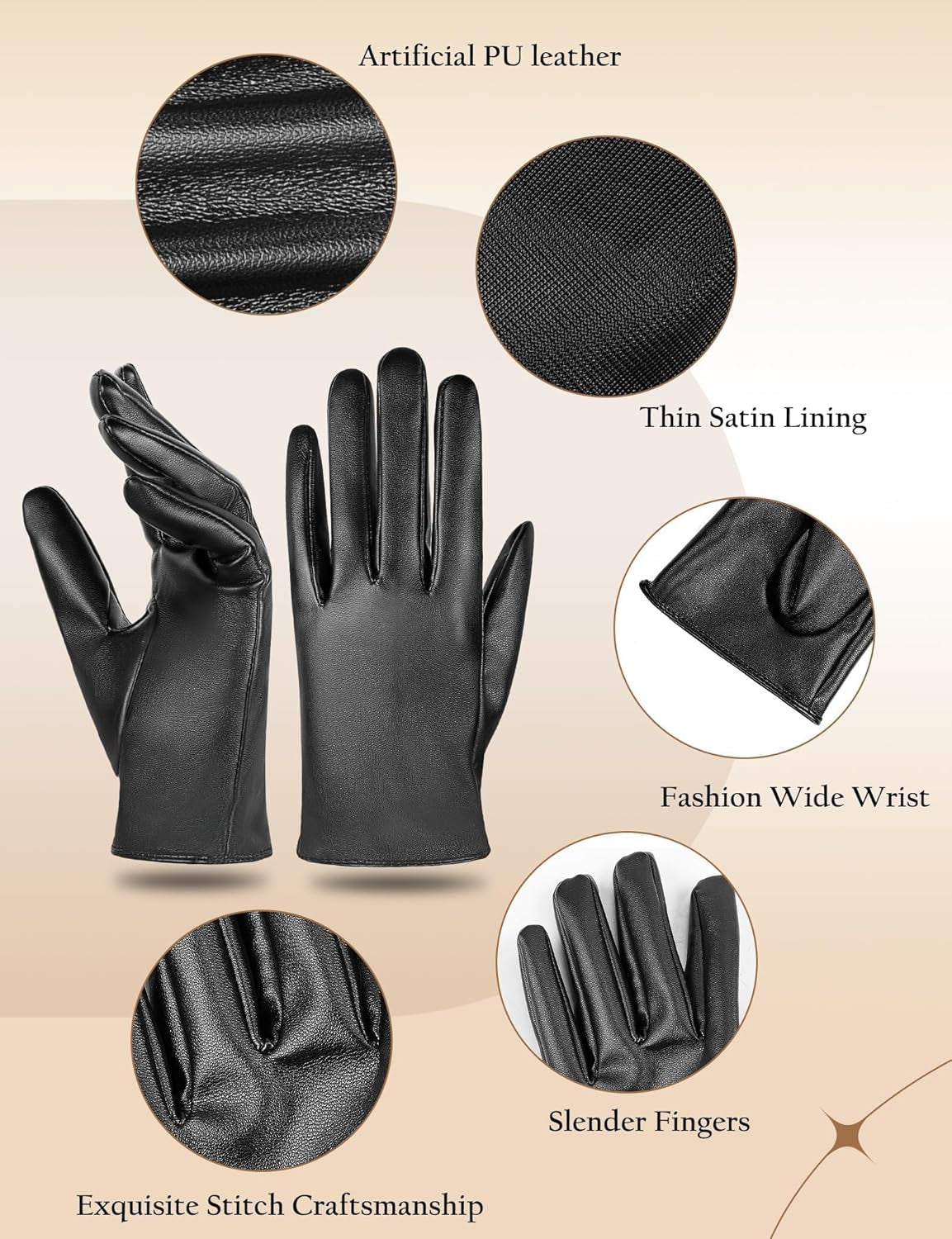 Vegan PU Leather Thin Gloves Women Style