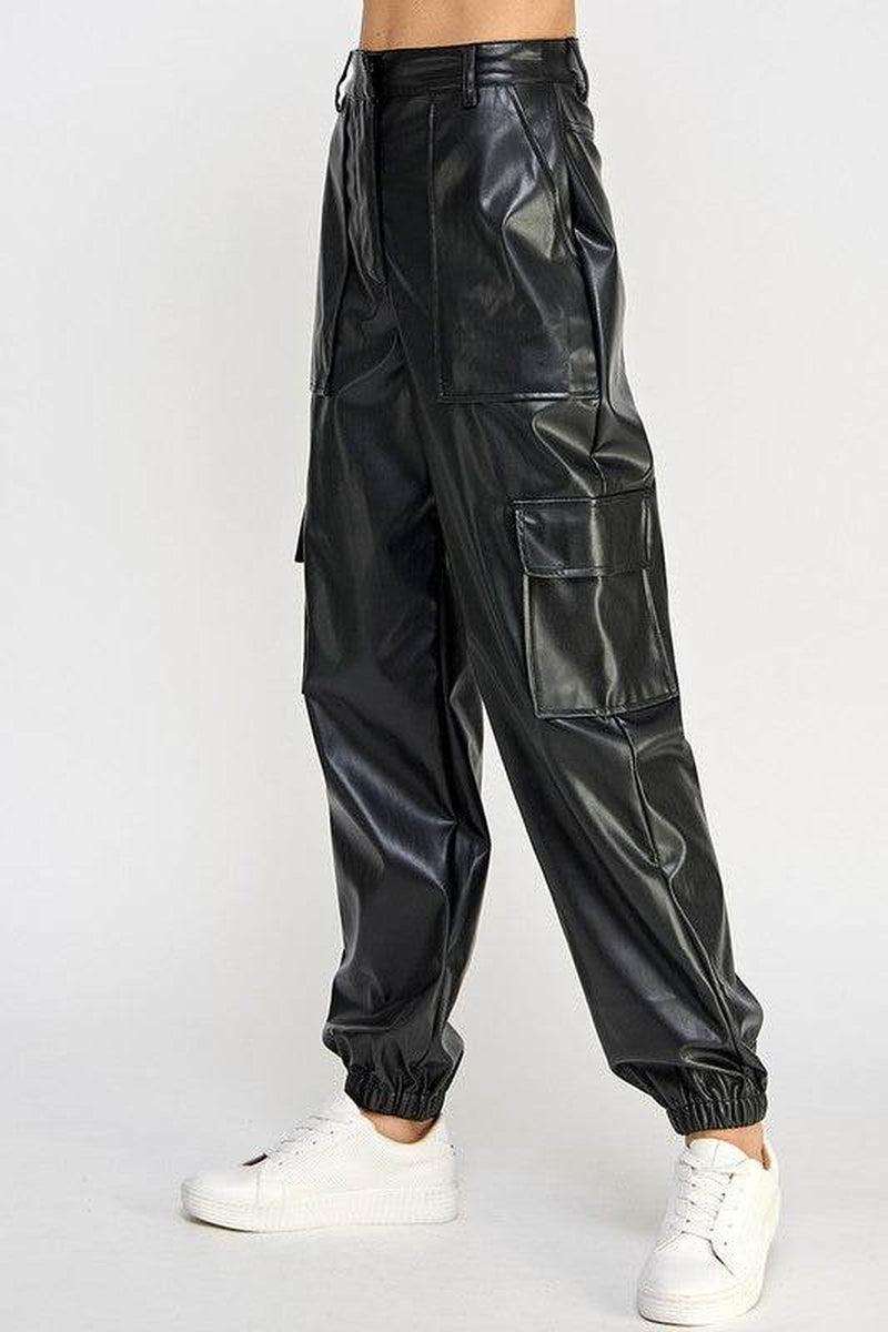 Vegan Leather Cargo Pants with Relaxed Fit