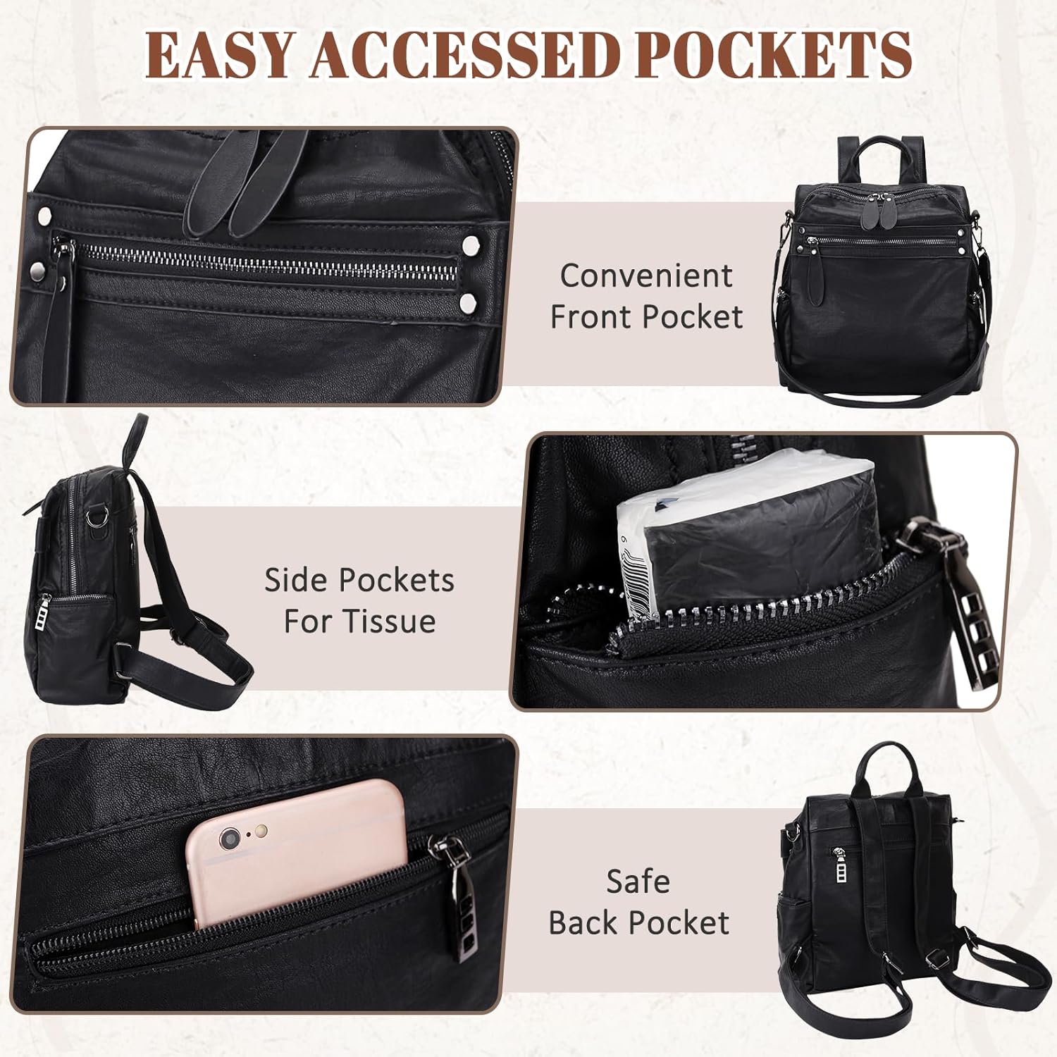 Vegan PU Leather Small Backpack Women