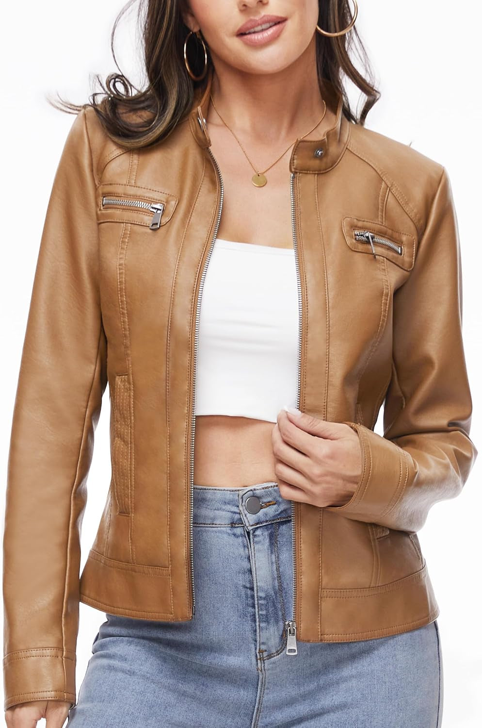 Vegan Faux Leather Biker Jacket Damen Fahsyee