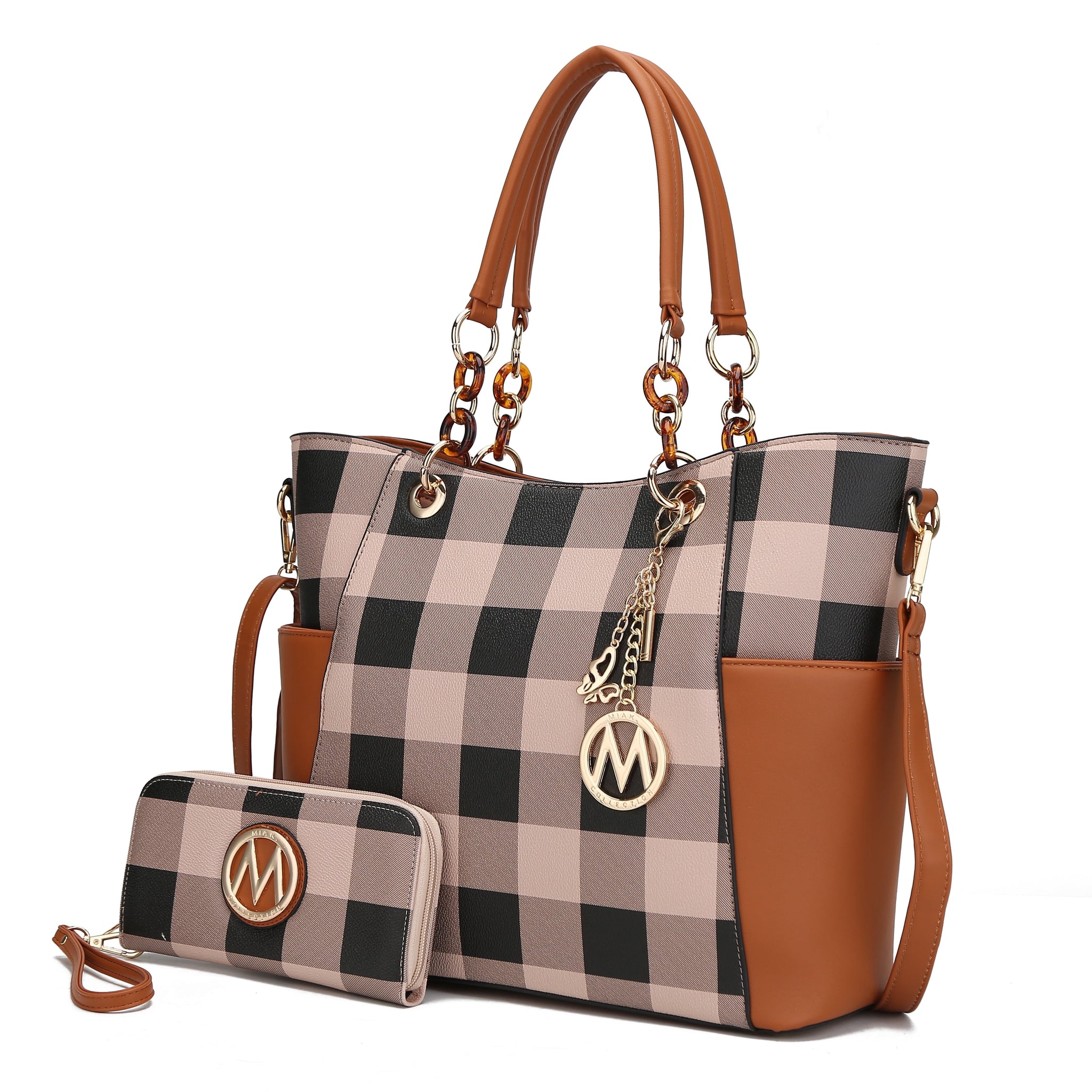 Bonita Checker Women'S Tote Bag with Wristlet Wallet, Vegan Leather 2Pcs Shopper Handbag Set by Mia K . - Cognac