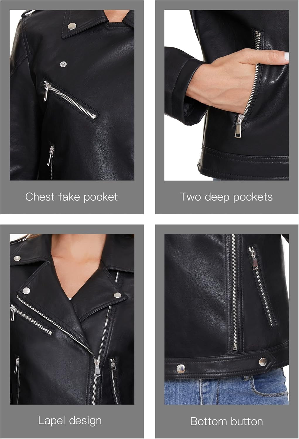 Vegan Faux Leather Biker Jacket Damen Fahsyee