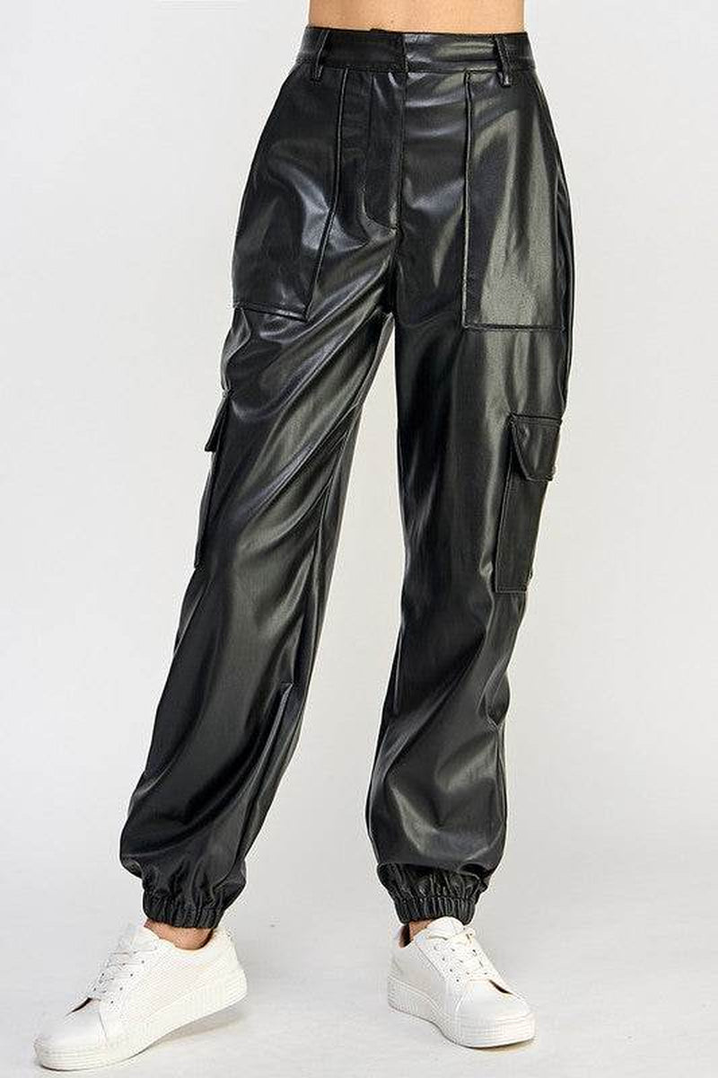 Vegan Leather Cargo Pants with Relaxed Fit