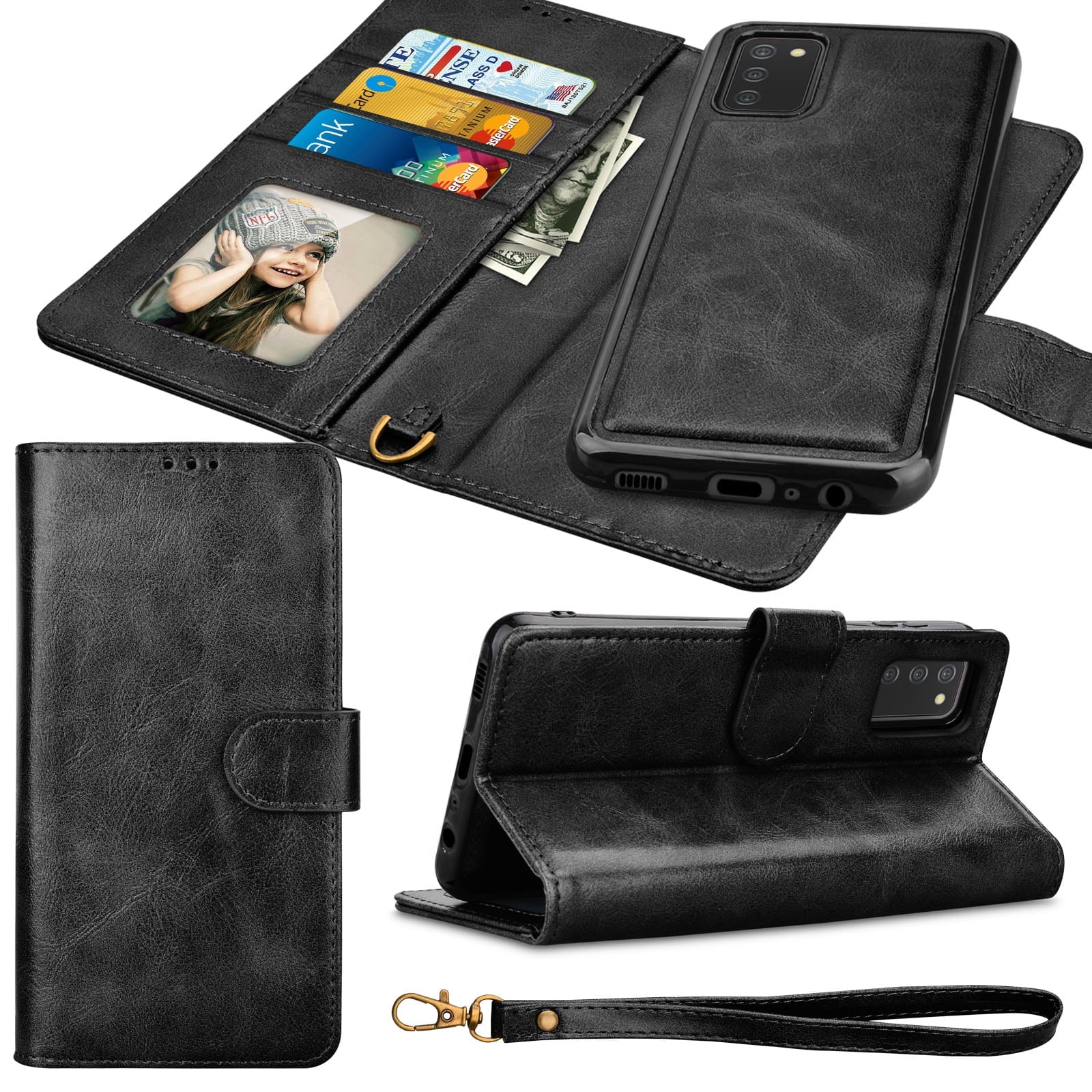 Samsung Galaxy A02S Wallet Case  Vegan Leather [RFID Blocking] [Removable Detachable Magnetic] Card Holder Flip Cover [Black]