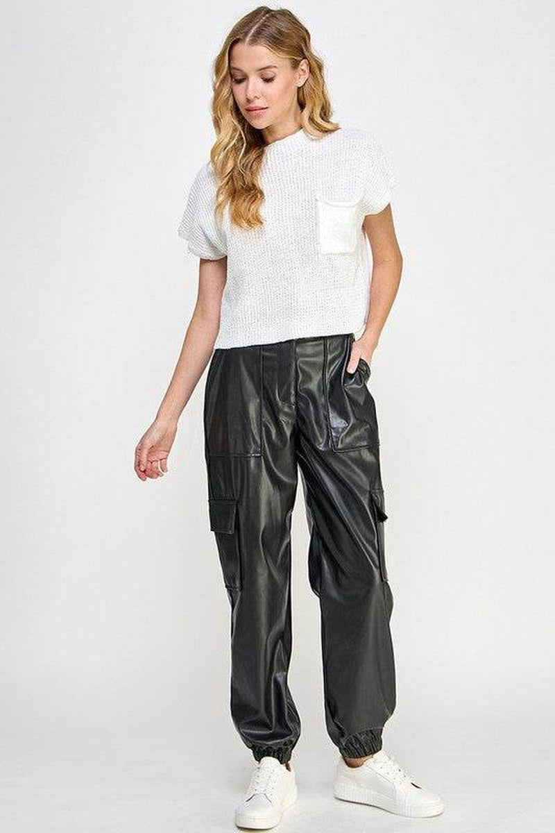 Vegan Leather Cargo Pants with Relaxed Fit