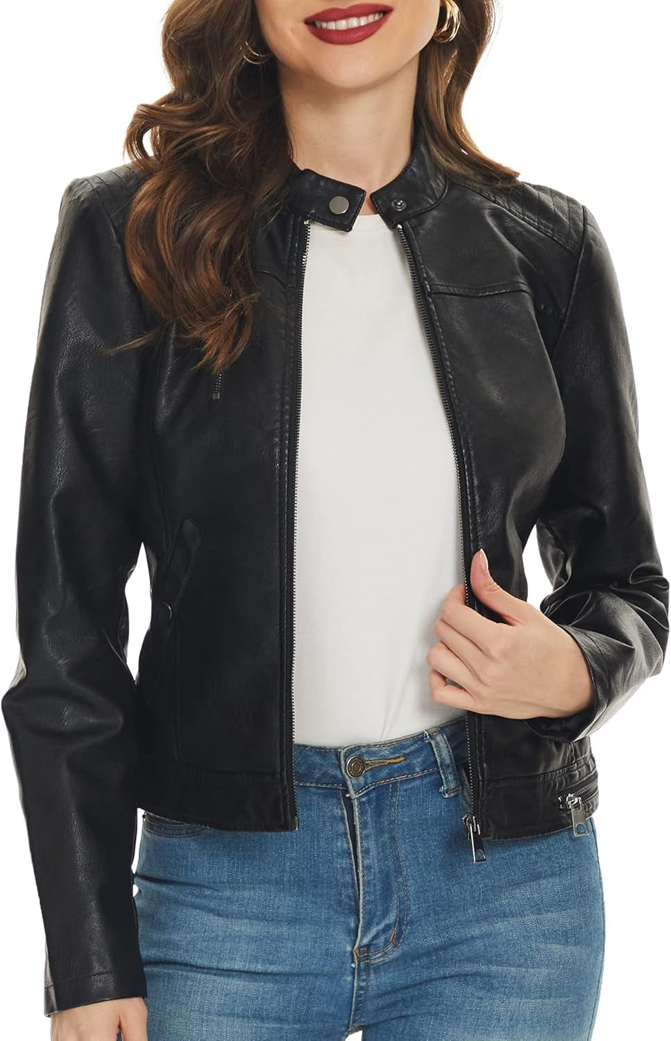 Vegan Faux Leather Biker Jacket Damen Fahsyee