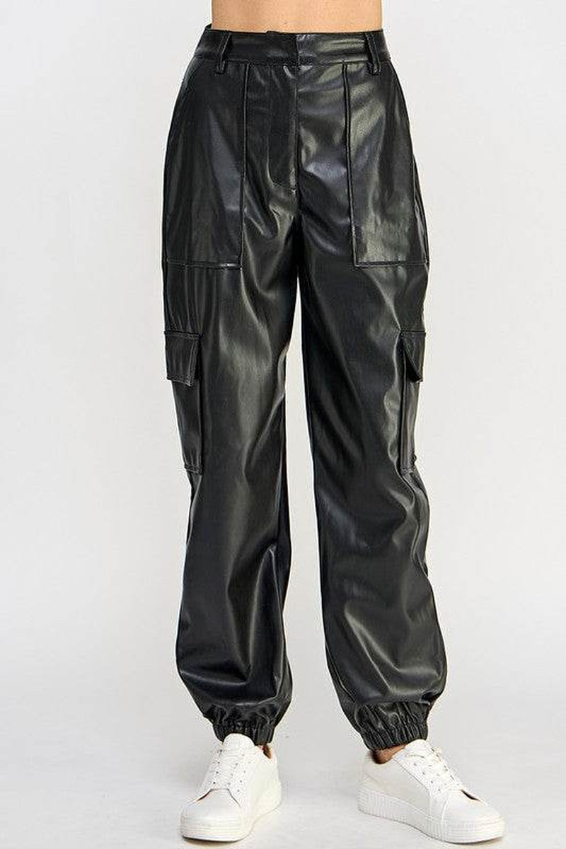 Vegan Leather Cargo Pants with Relaxed Fit