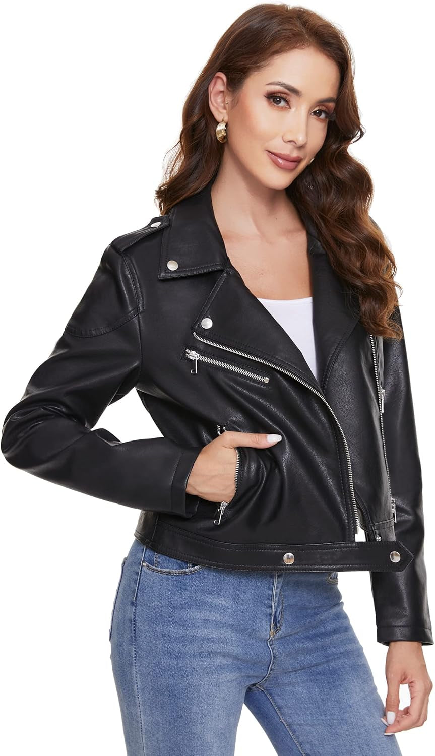 Vegan Faux Leather Biker Jacket Damen Fahsyee