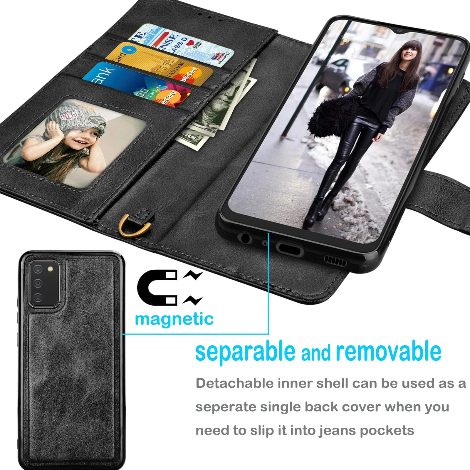 Samsung Galaxy A02S Wallet Case  Vegan Leather [RFID Blocking] [Removable Detachable Magnetic] Card Holder Flip Cover [Black]