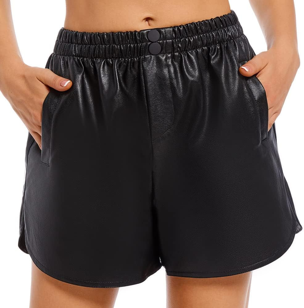 Damen Elastic Waist Lose Shorts Kunstledershorts Mit Taschen