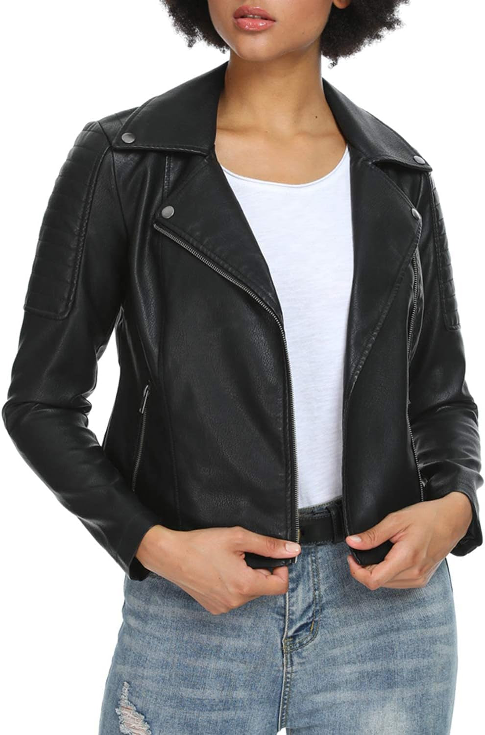 Vegan Faux Leather Biker Jacket Damen Fahsyee