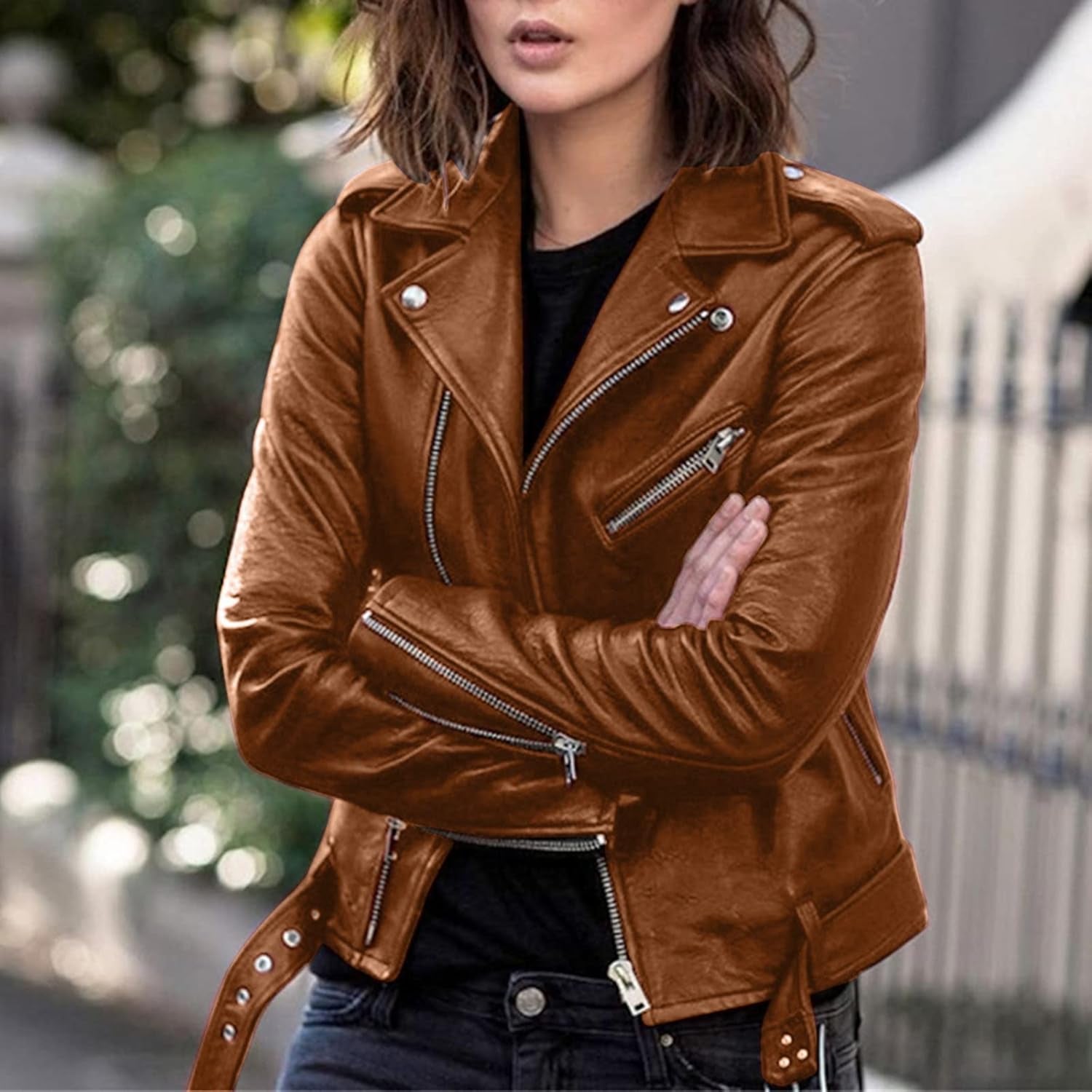Vegan Faux Leather Biker Jacket Damen Slim