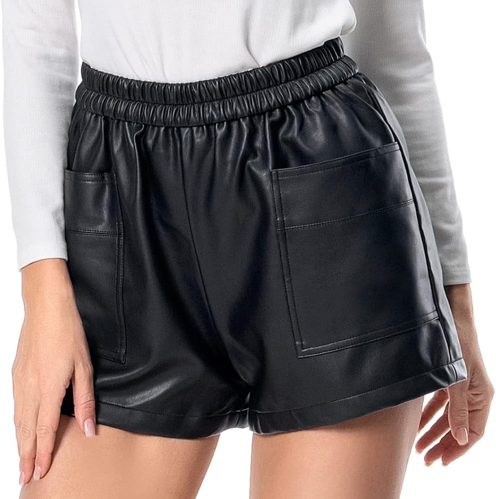 Damen Elastic Waist Lose Shorts Kunstledershorts Mit Taschen